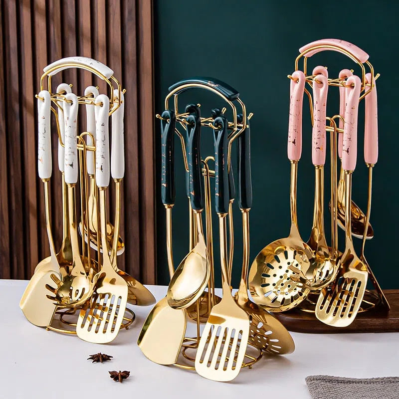 Conjunto de Utensílios de Cozinha em Aço Inoxidável com Cabo de Cerâmica - 7 Peças