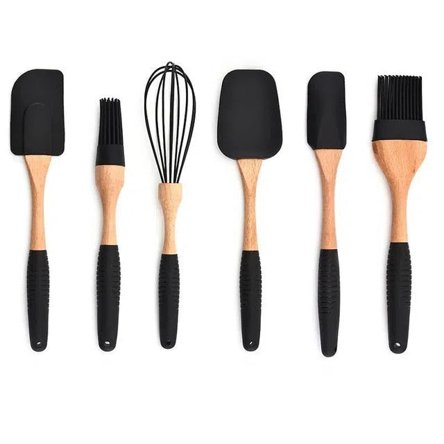 Conjunto de Utensílios de Cozinha em Silicone e Madeira de Carvalho - 11 Peças