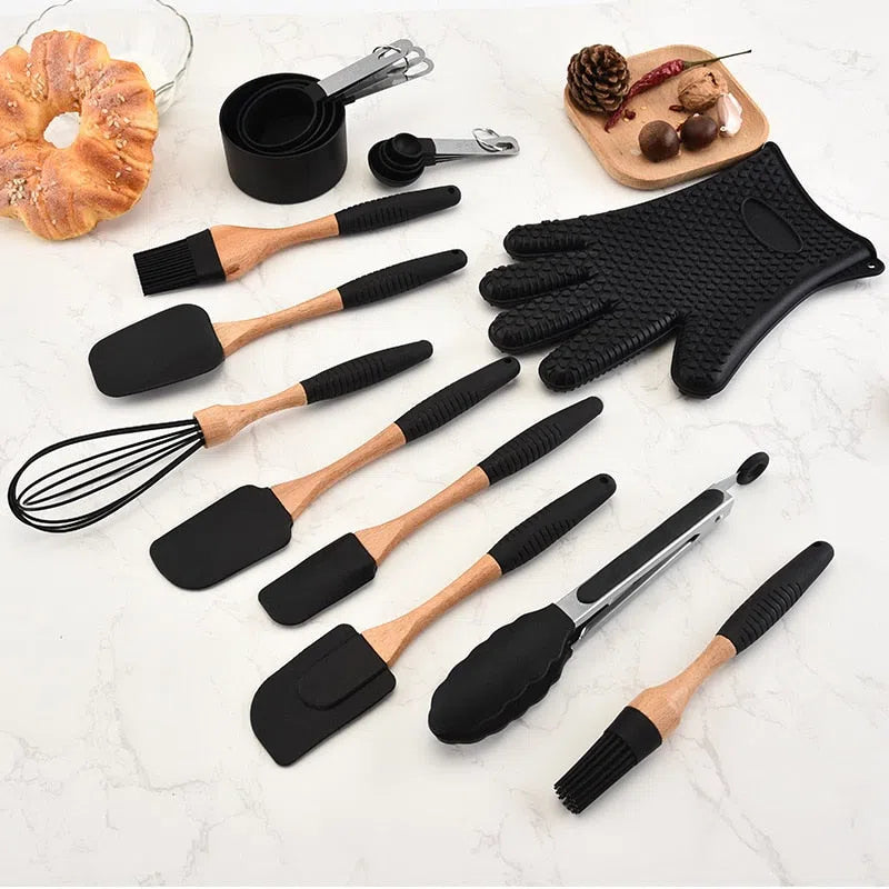 Conjunto de Utensílios de Cozinha em Silicone e Madeira de Carvalho - 11 Peças