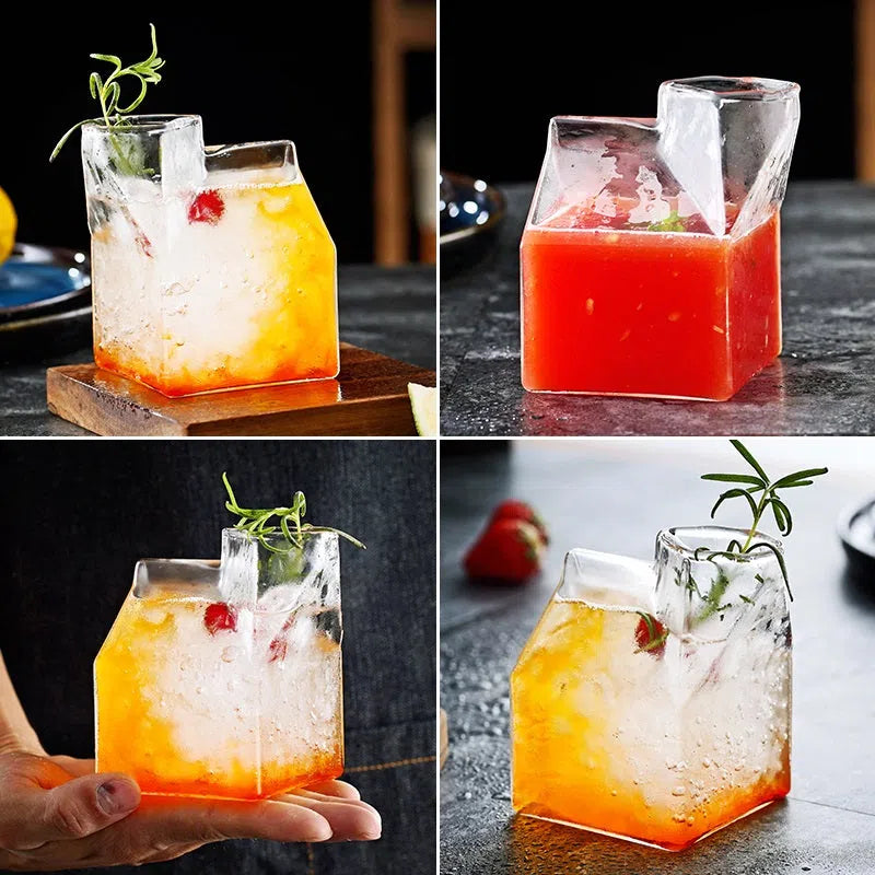 Copo e Jarra de Vidro em Formato de Caixa de Leite - Design Moderno e Funcional