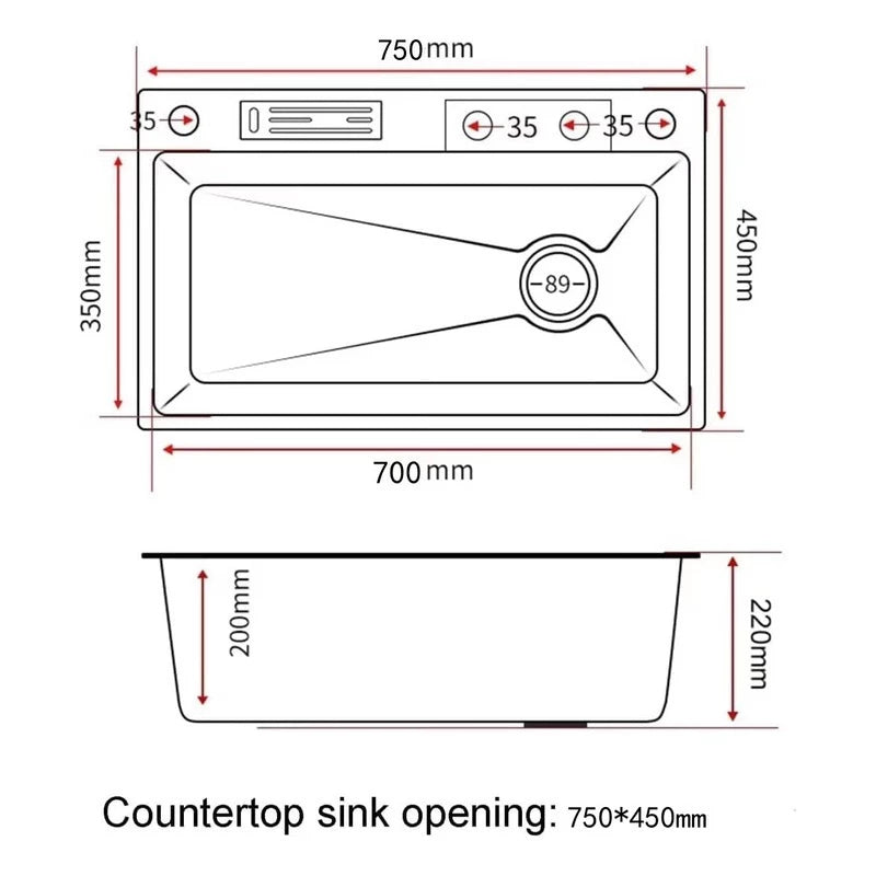 Cuba Pia Gourmet Quadrada 75x45cm em Aço Inoxidável 304 com Acessórios Completos para Cozinha