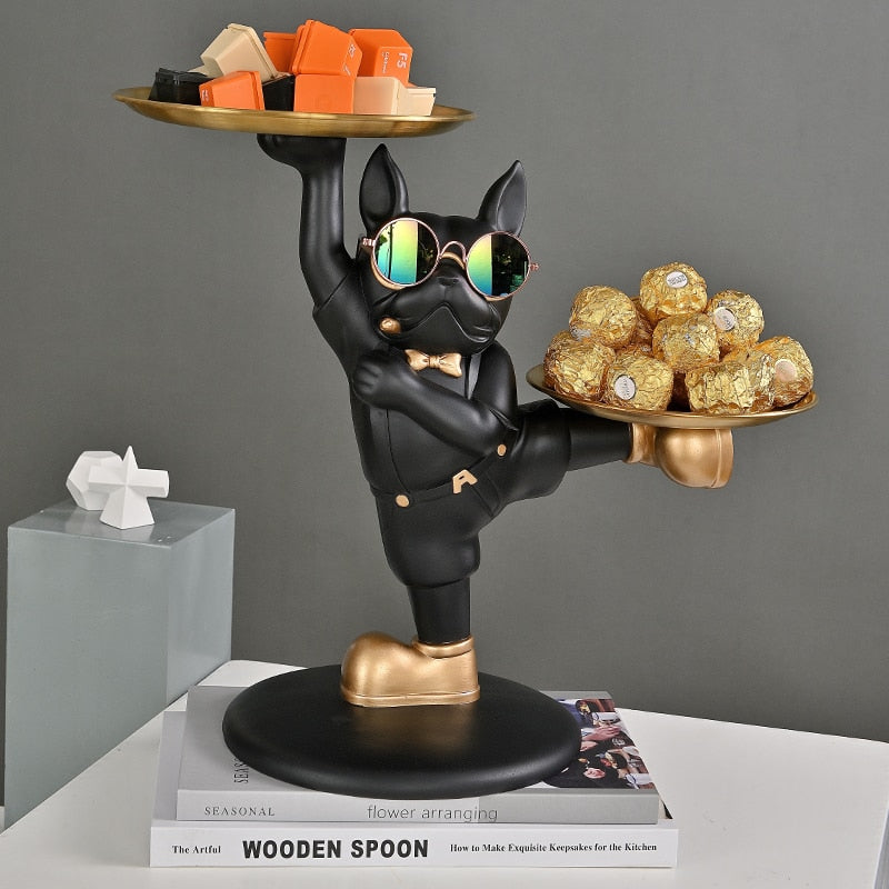 Escultura Decorativa Bulldog Francês para Decoração com Bandeja Dupla - Estilo Mordomo Kung Fu