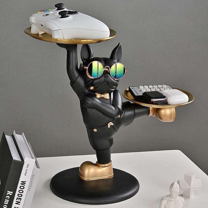 Escultura Decorativa Bulldog Francês para Decoração com Bandeja Dupla - Estilo Mordomo Kung Fu