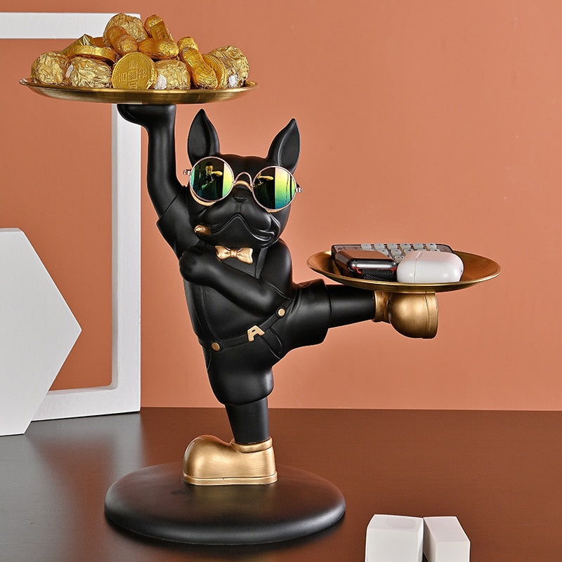 Escultura Decorativa Bulldog Francês para Decoração com Bandeja Dupla - Estilo Mordomo Kung Fu