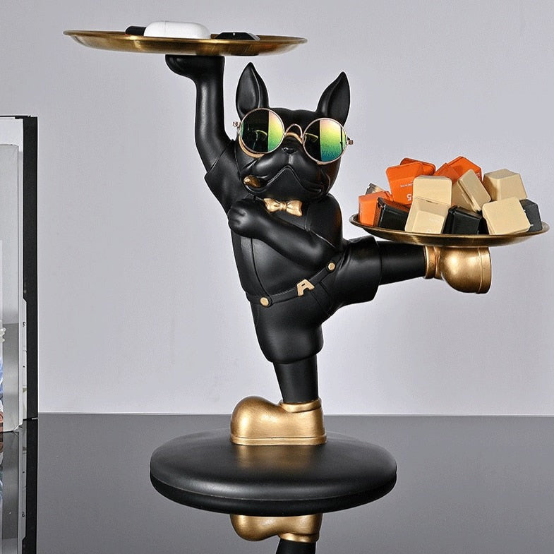 Escultura Decorativa Bulldog Francês para Decoração com Bandeja Dupla - Estilo Mordomo Kung Fu