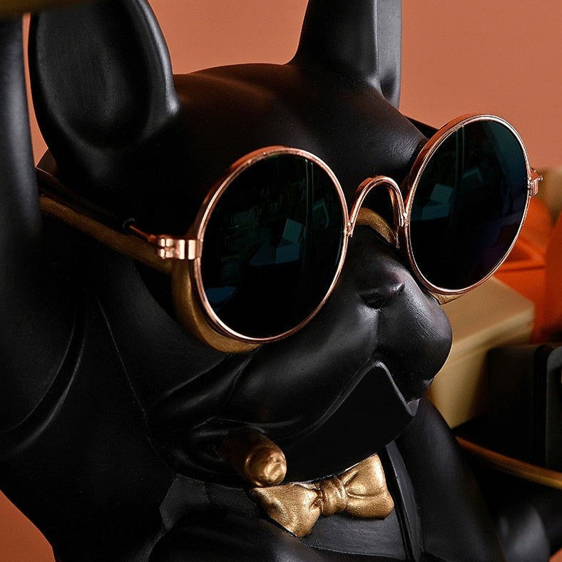 Escultura Decorativa Bulldog Francês para Decoração com Bandeja Dupla - Estilo Mordomo Kung Fu