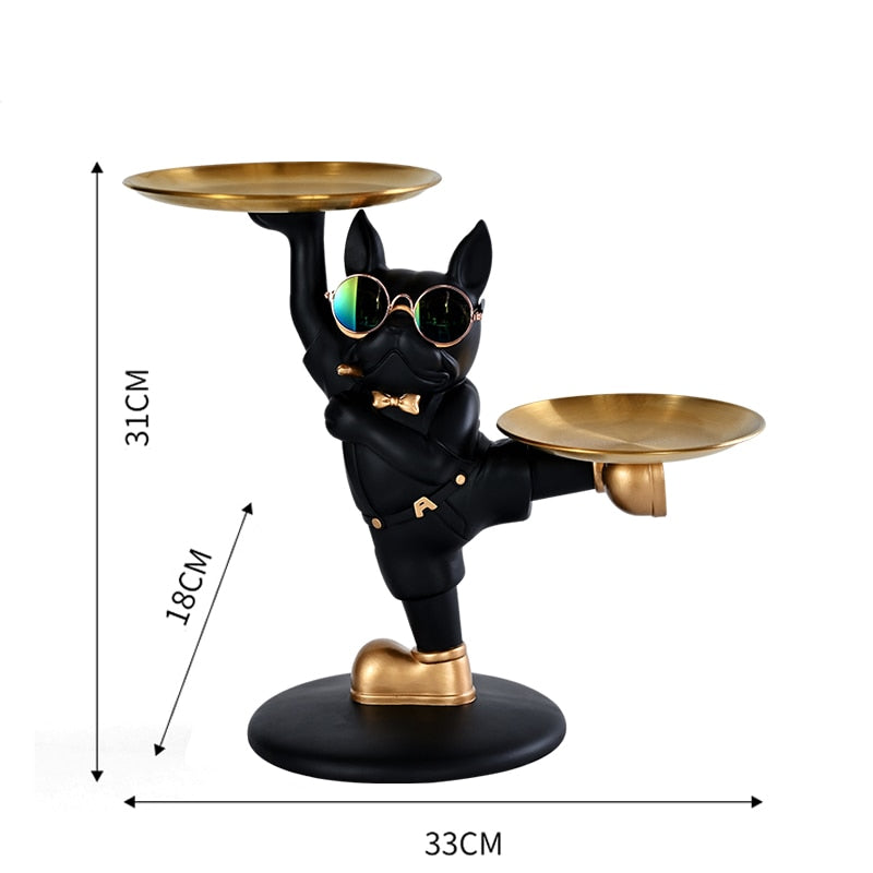 Escultura Decorativa Bulldog Francês para Decoração com Bandeja Dupla - Estilo Mordomo Kung Fu