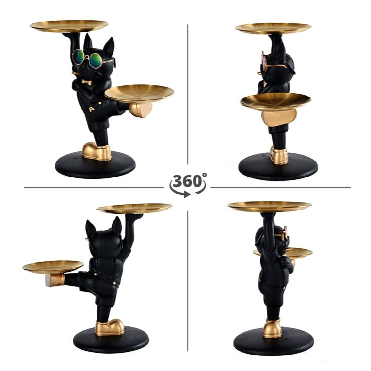 Escultura Decorativa Bulldog Francês para Decoração com Bandeja Dupla - Estilo Mordomo Kung Fu