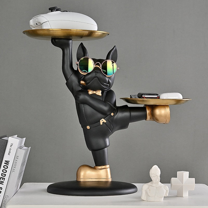 Escultura Decorativa Bulldog Francês para Decoração com Bandeja Dupla - Estilo Mordomo Kung Fu