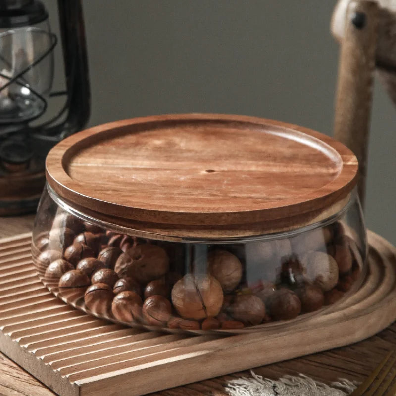 Fruteira de Mesa De Vidro Centro com Tampa de Madeira Moderna
