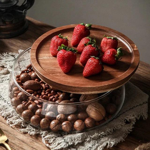 Fruteira de Mesa De Vidro Centro com Tampa de Madeira Moderna