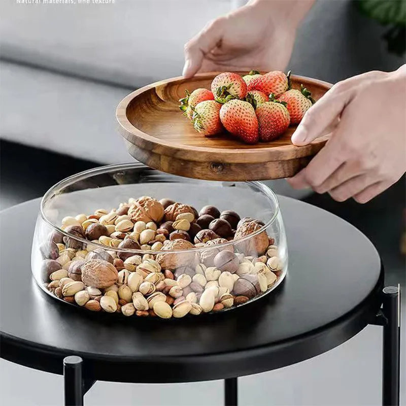 Fruteira de Mesa De Vidro Centro com Tampa de Madeira Moderna