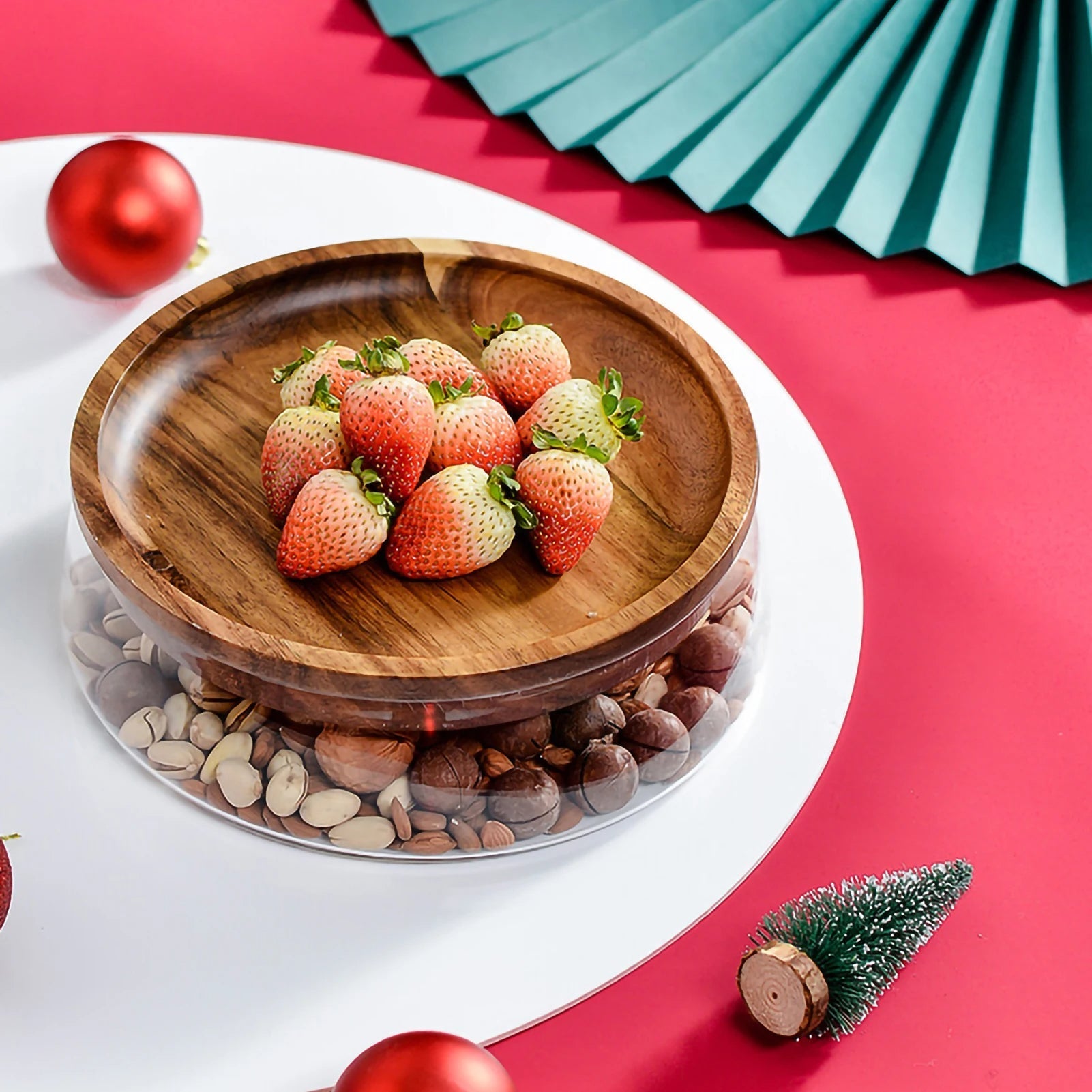 Fruteira de Mesa De Vidro Centro com Tampa de Madeira Moderna