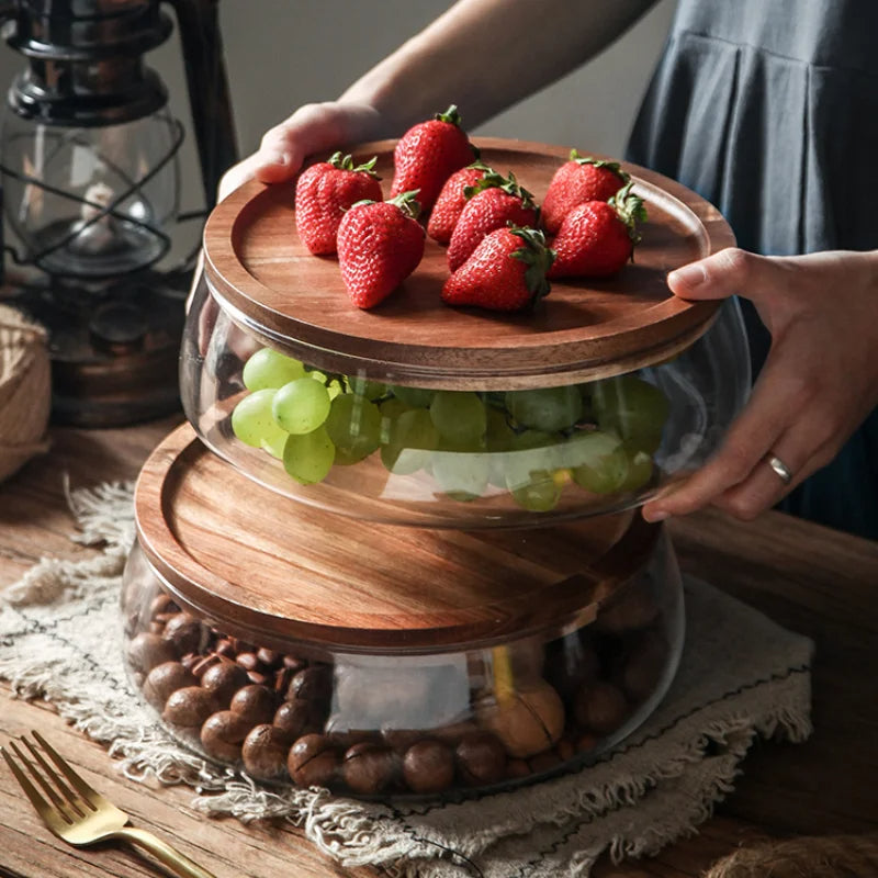 Fruteira de Mesa De Vidro Centro com Tampa de Madeira Moderna