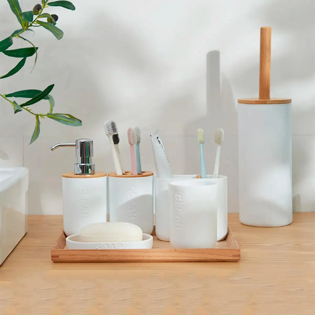 Kit Completo de Lavabo em Bambu Premium - Conjunto de Acessórios para Banheiro