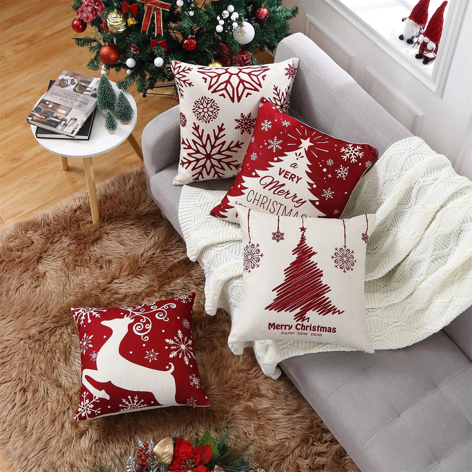 Kit de Capas de Almofada Natalinas - 4 Peças para Decoração Festiva