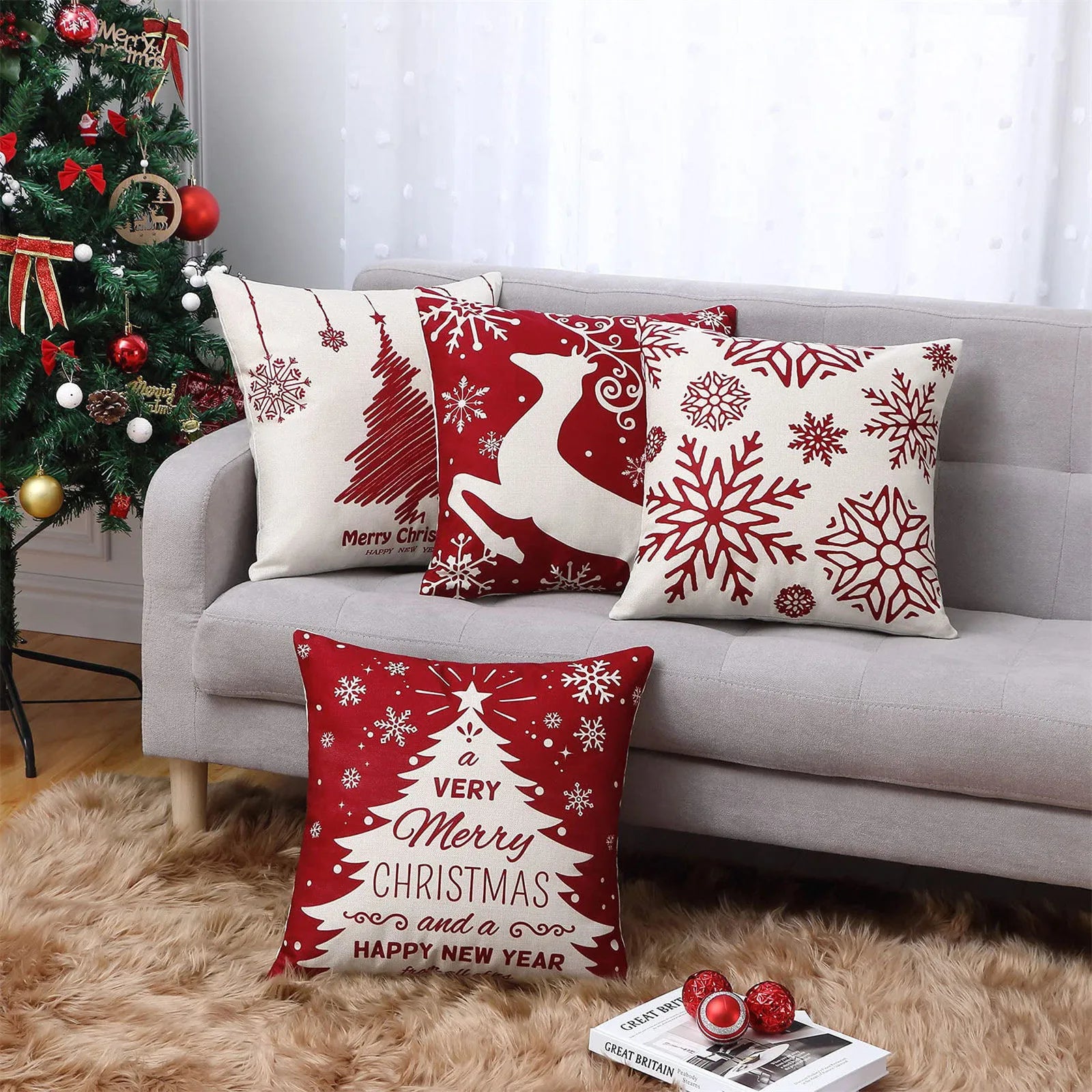Kit de Capas de Almofada Natalinas - 4 Peças para Decoração Festiva