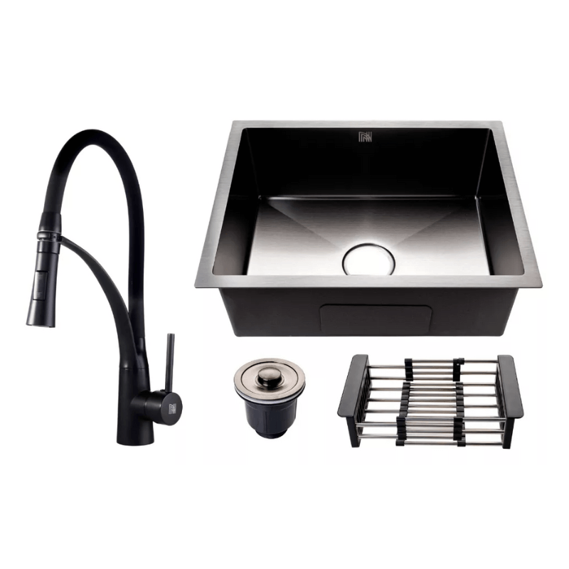 Conjunto de Cuba de Cozinha Gourmet em Aço Inox com Torneira Flexível Preta