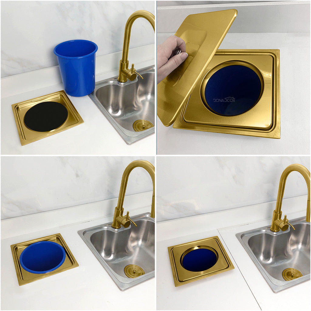 Lixeira Embutida Quadrada 5L Inox Dourado Escovado para Pia de Cozinha em Granito e Mármore