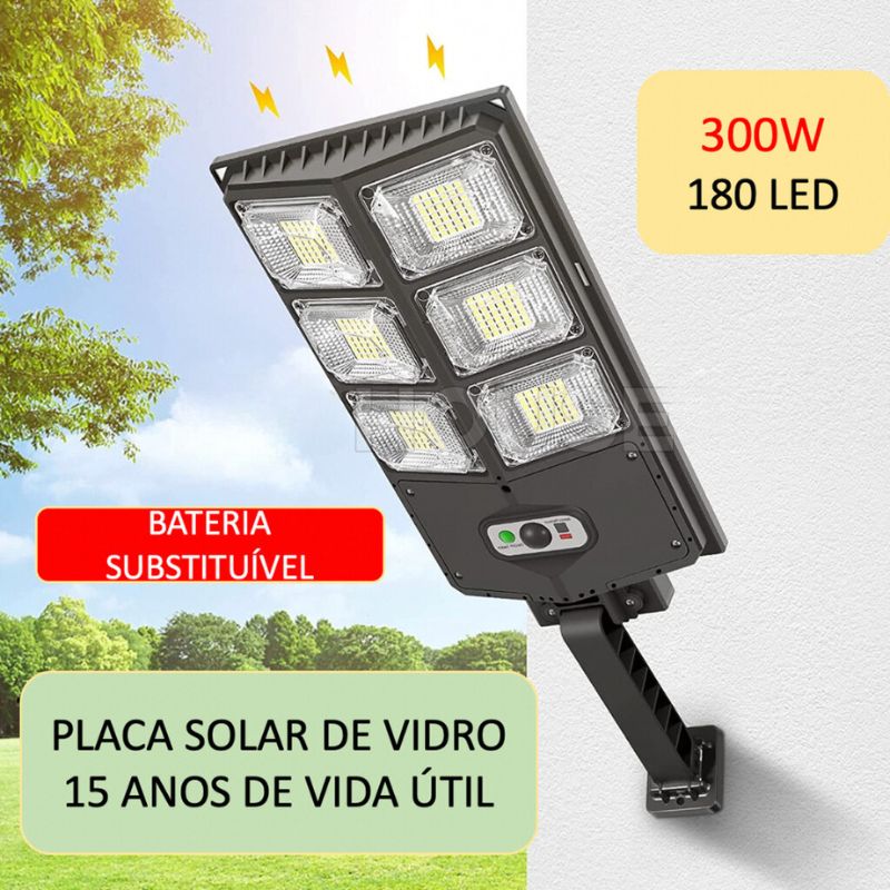 Luminária Solar Externa 300W com Sensor de Movimento e Controle Remoto