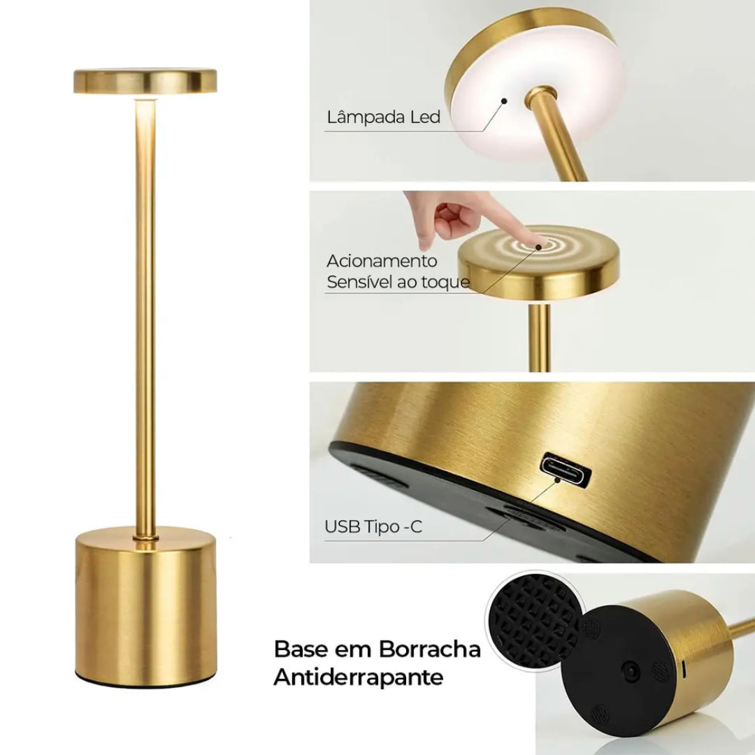 Luminária de Mesa LED Recarregável Sem Fio em Metal - Iluminação Moderna e Prática