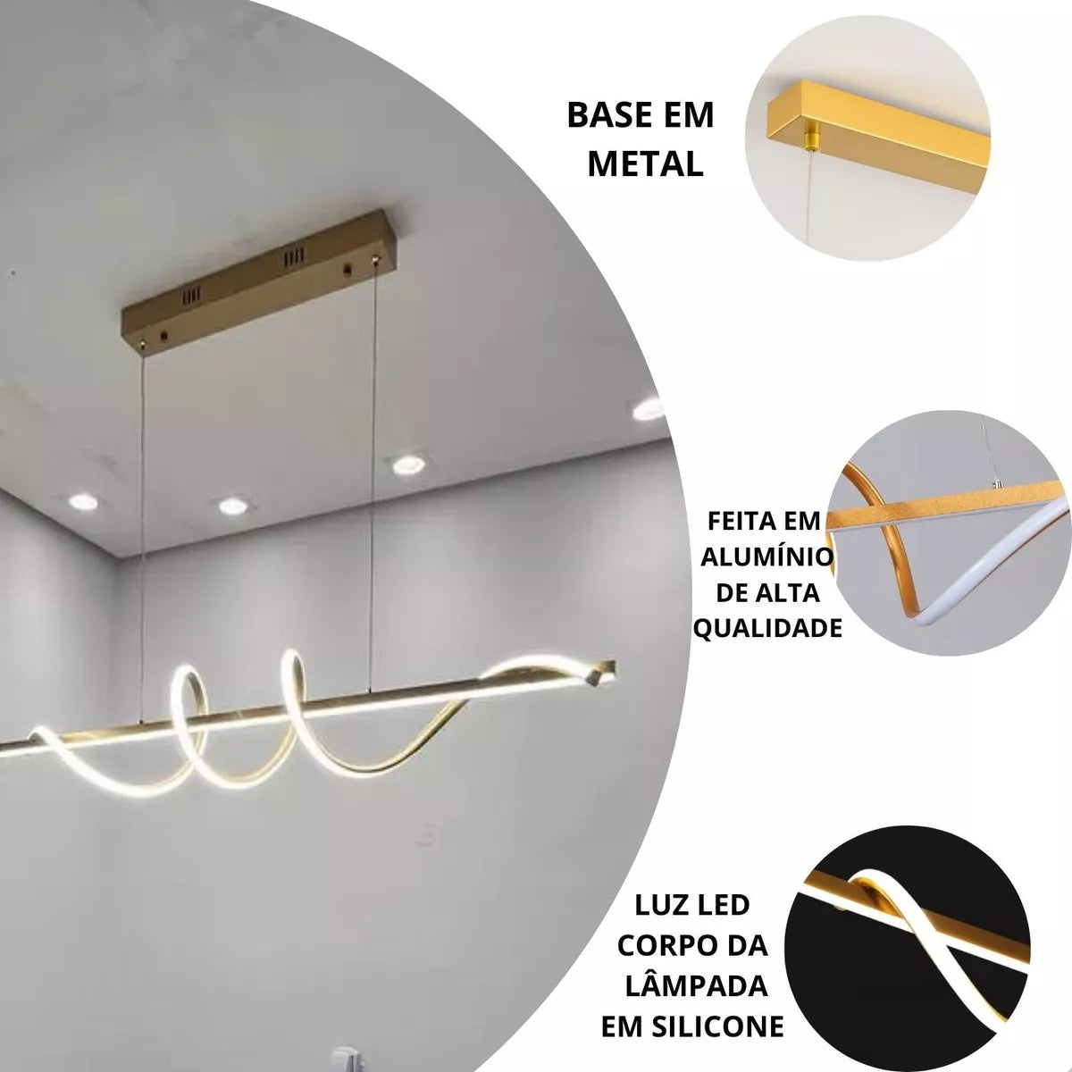 Lustre Pendente LED 45W 3 em 1 Moderno para Quarto e Sala Dourado