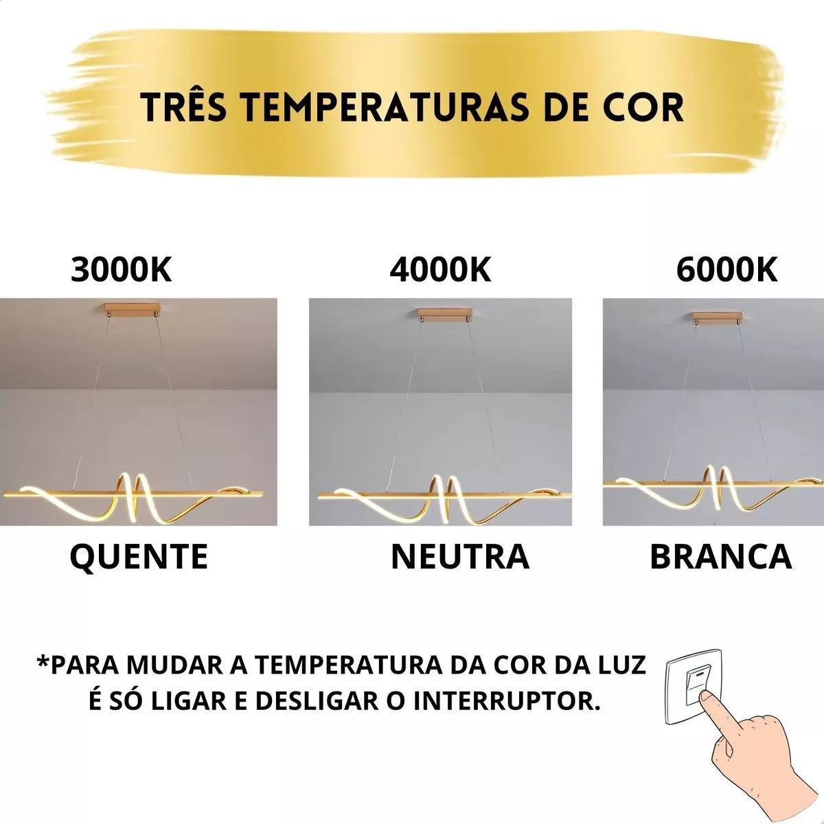Lustre Pendente LED 45W 3 em 1 Moderno para Quarto e Sala Dourado