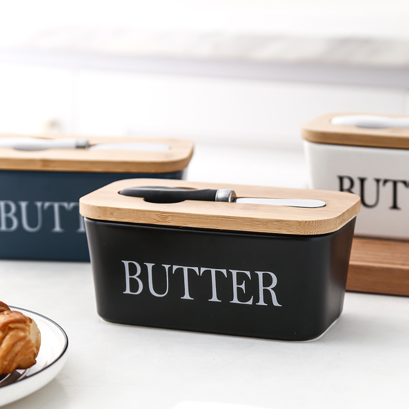 Mantegueira de Cerâmica com Tampa de Bambu para Preservação de Manteiga