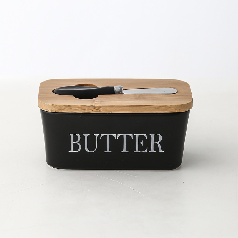 Mantegueira de Cerâmica com Tampa de Bambu para Preservação de Manteiga