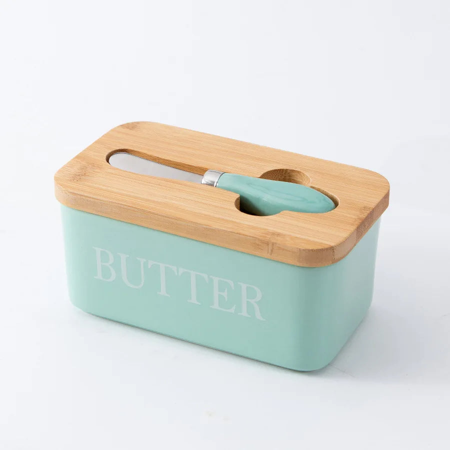 Mantegueira de Cerâmica com Tampa de Bambu para Preservação de Manteiga