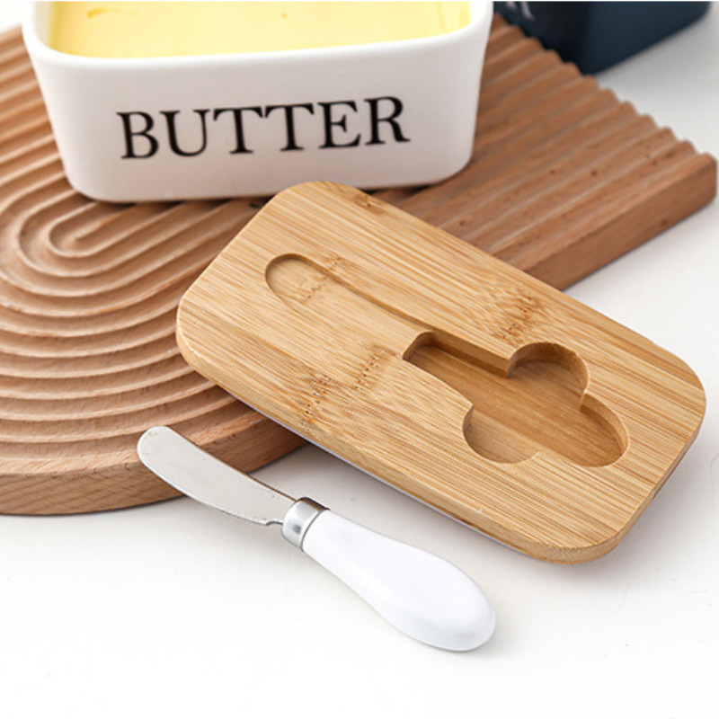 Mantegueira de Cerâmica com Tampa de Bambu para Preservação de Manteiga