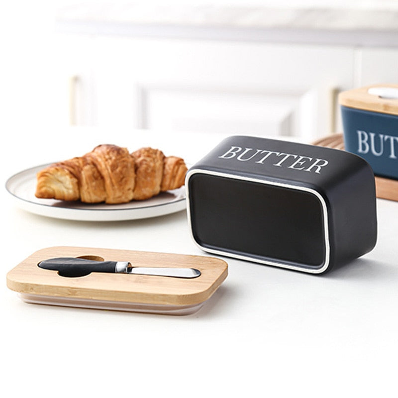 Mantegueira de Cerâmica com Tampa de Bambu para Preservação de Manteiga