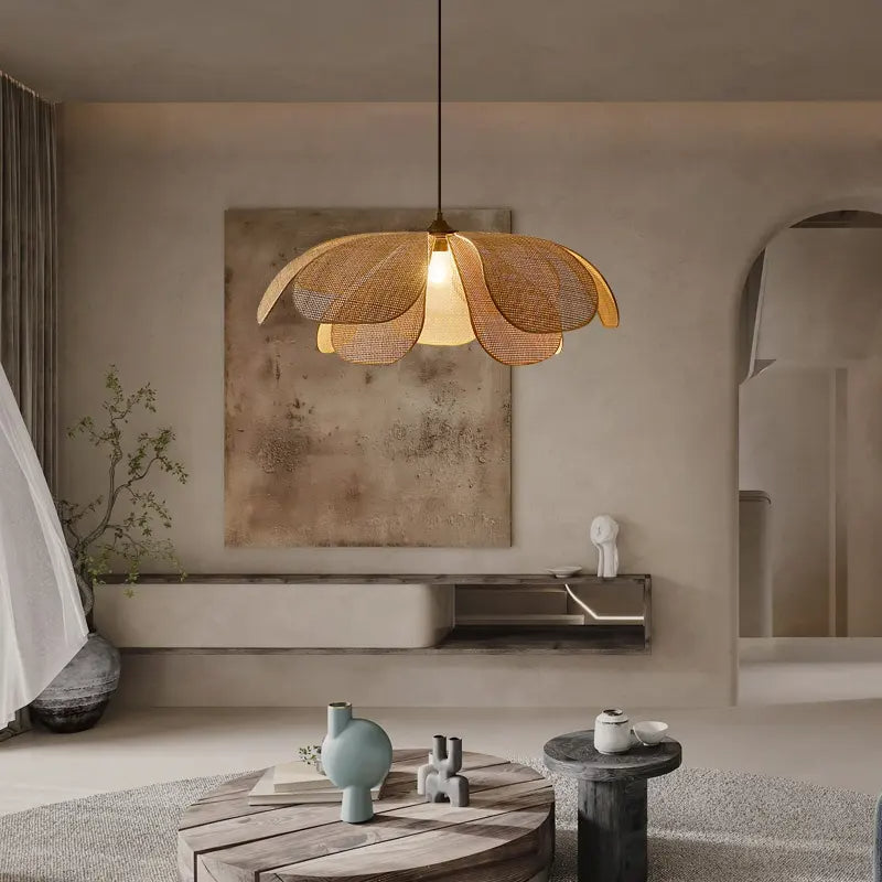 Pendente Rústico de Rattan em Forma de Pétala - Luminária Decorativa