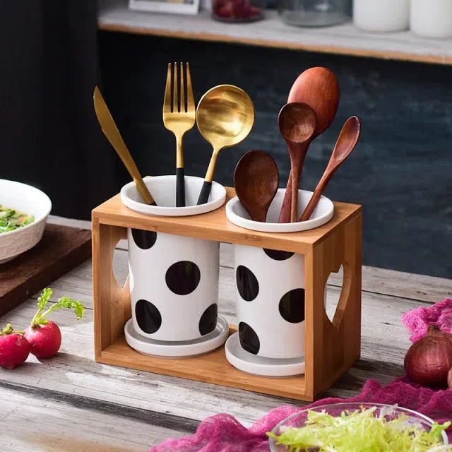 Porta Temperos de Cerâmica e Bambu Estilo Nórdico