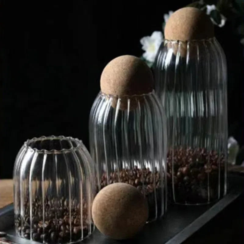 Pote de Vidro Canelado com Tampa de Cortiça para Armazenamento