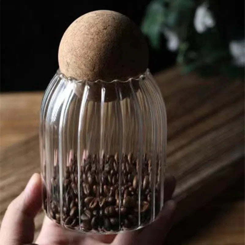 Pote de Vidro Canelado com Tampa de Cortiça para Armazenamento