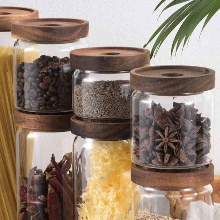 Pote de Vidro Hermético com Tampa de Madeira - Armazenamento Seguro e Estiloso