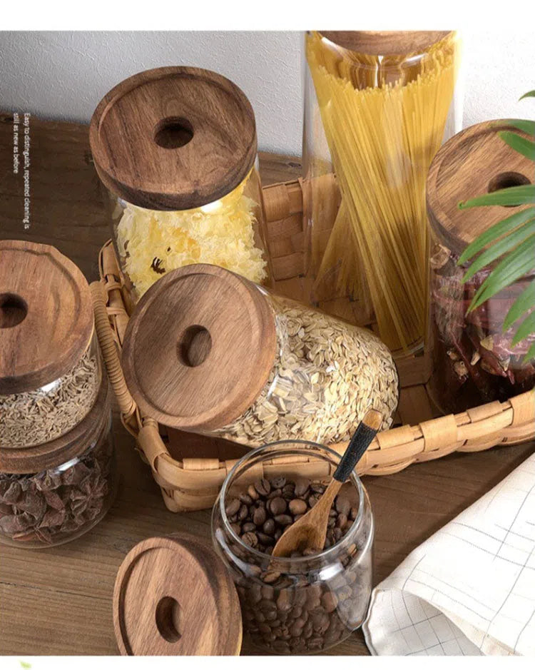 Pote de Vidro Hermético com Tampa de Madeira - Armazenamento Seguro e Estiloso