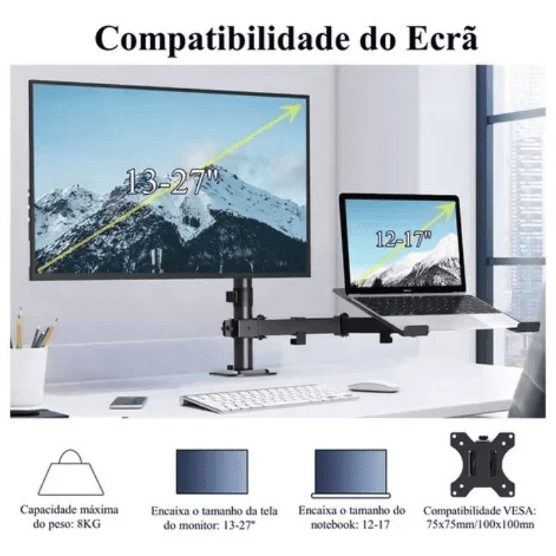 Suporte Articulado para Monitor e Notebook de Mesa - Ajustável e Ergonômico