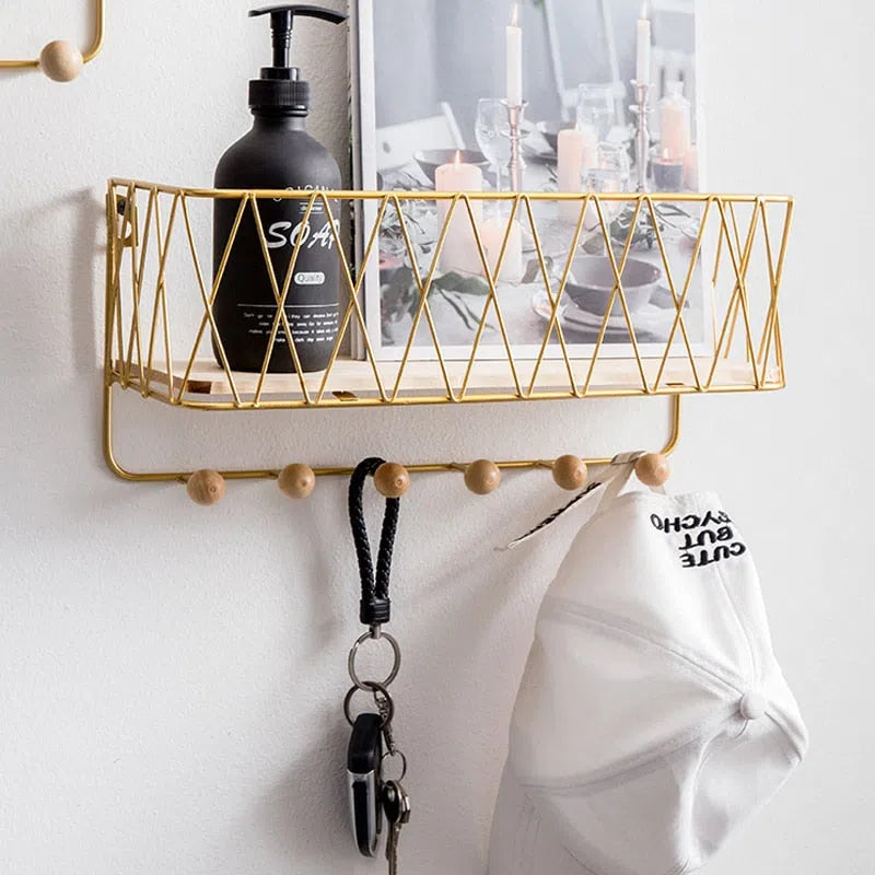 Suporte de Parede com Ganchos e Cesto para Organização de Espaço