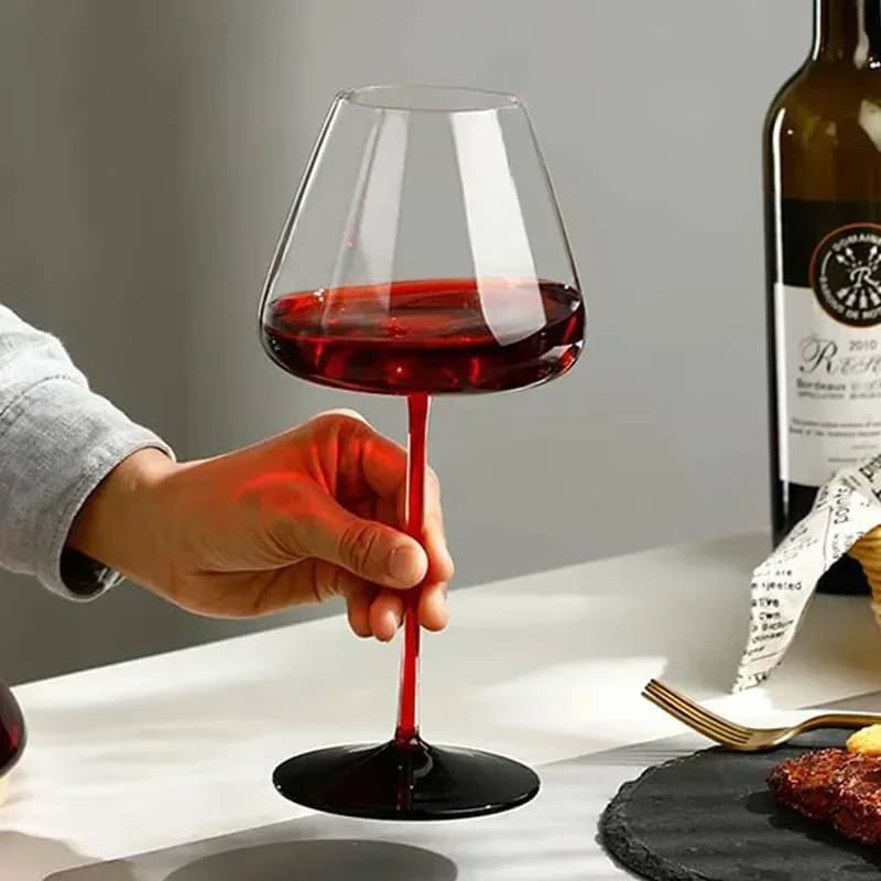 Taça de Vinho de Cristal com Haste Vermelha para Bar em Casa