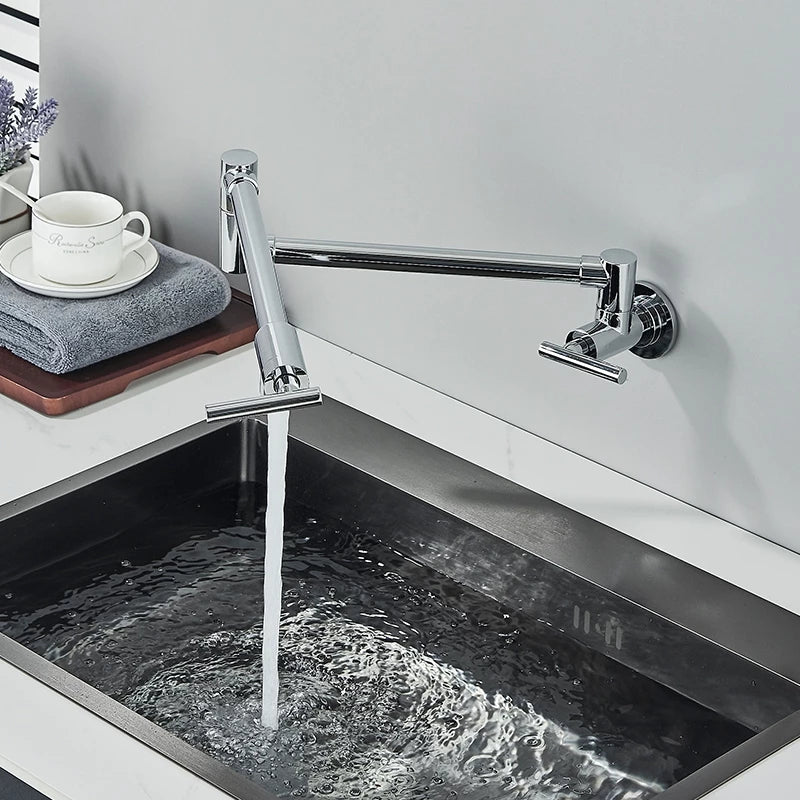 Torneira Gourmet de Cozinha com Bico Longo Flexível, Montada na Parede, Rotação 360°