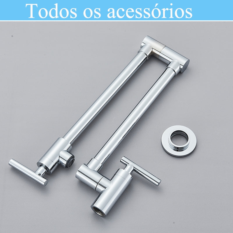 Torneira Gourmet de Cozinha com Bico Longo Flexível, Montada na Parede, Rotação 360°