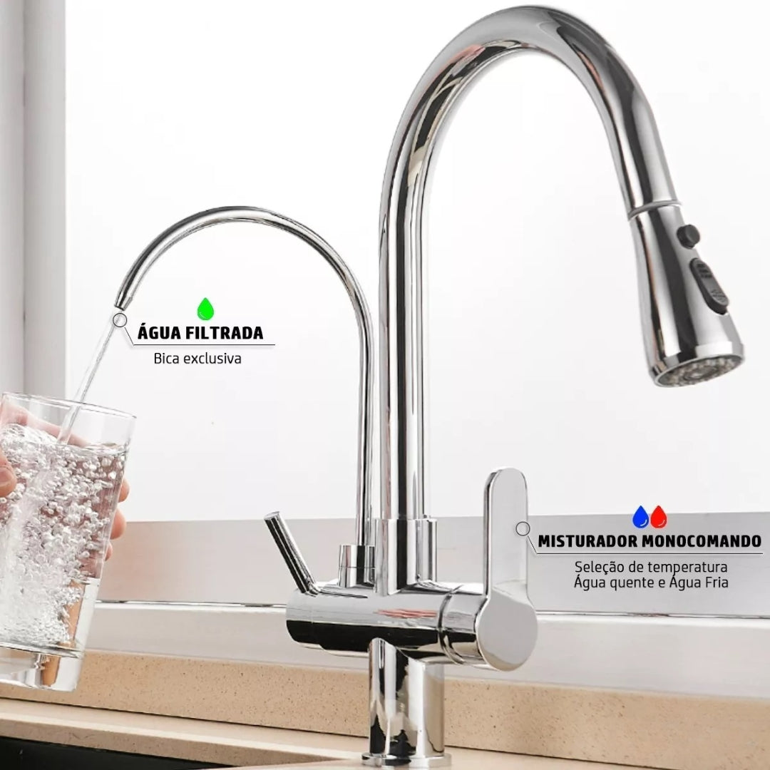 Torneira Gourmet para Cozinha Monocomando com Dupla Função e Filtro, Jato Extensível