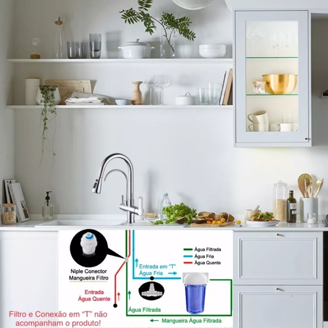 Torneira Gourmet para Cozinha Monocomando com Dupla Função e Filtro, Jato Extensível