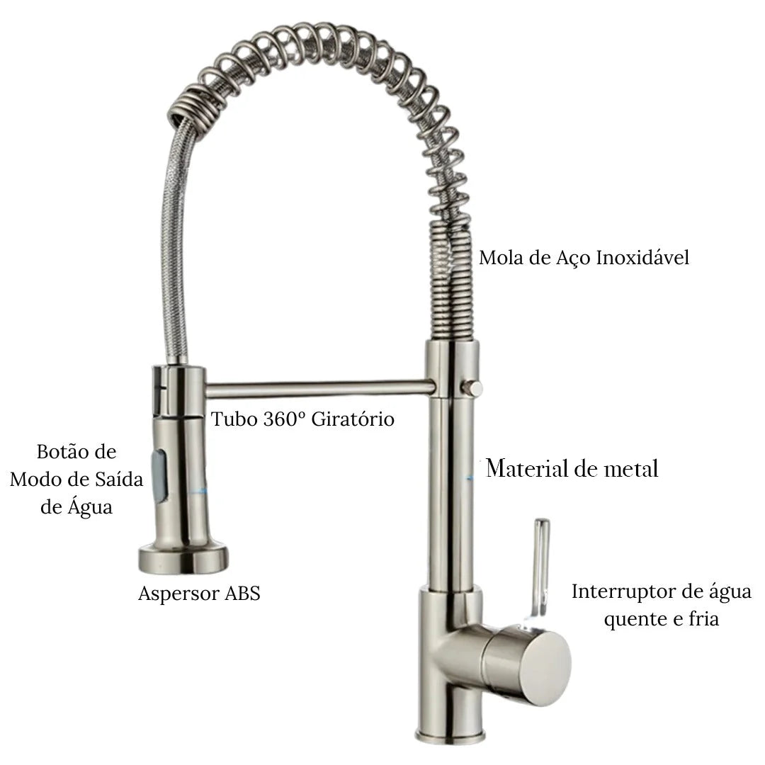 Torneira Gourmet para Cozinha com Extensão para Água Quente e Fria