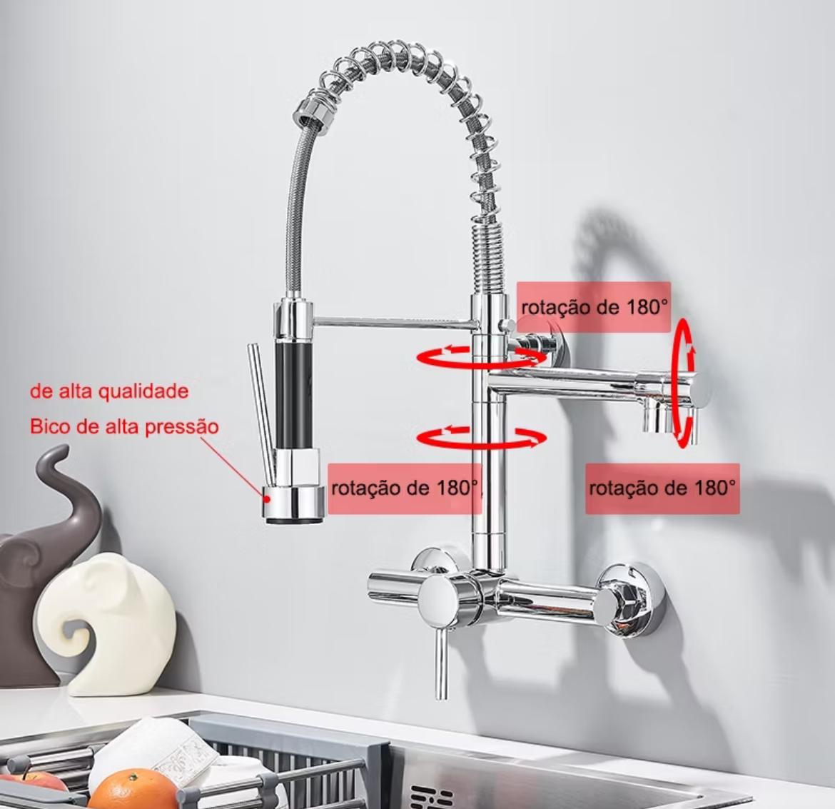 Torneira de Parede para Cozinha - Misturador Retrátil Pull Out