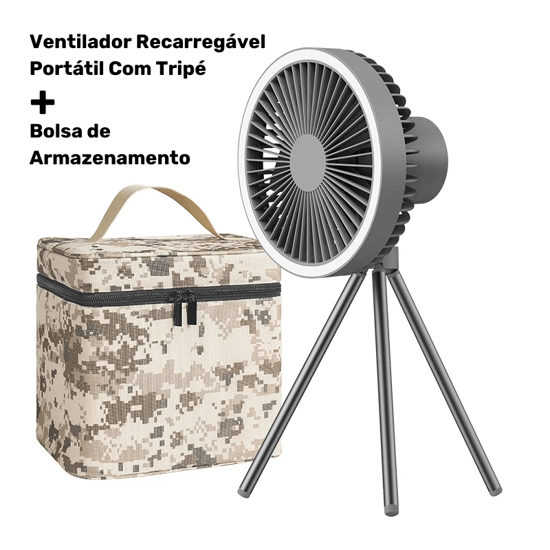 Ventilador Portátil Turbo para Camping com Tripé e Luz LED Recarregável