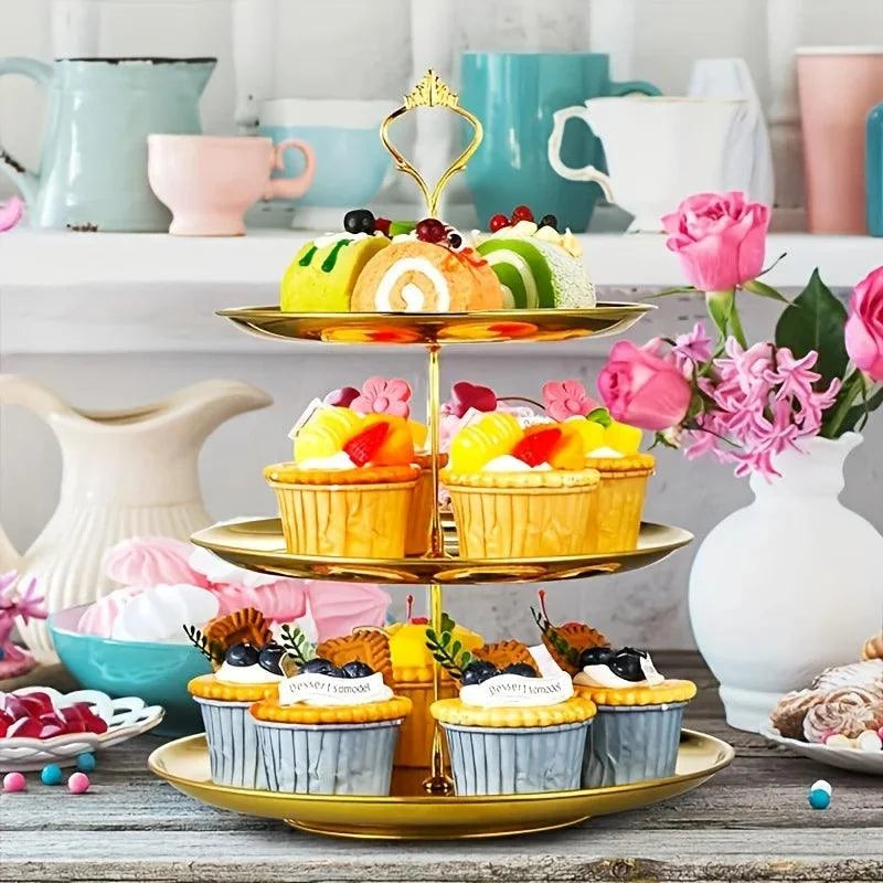 Bandeja de Aço Inoxidável de 3 Andares para Servir e Decorar