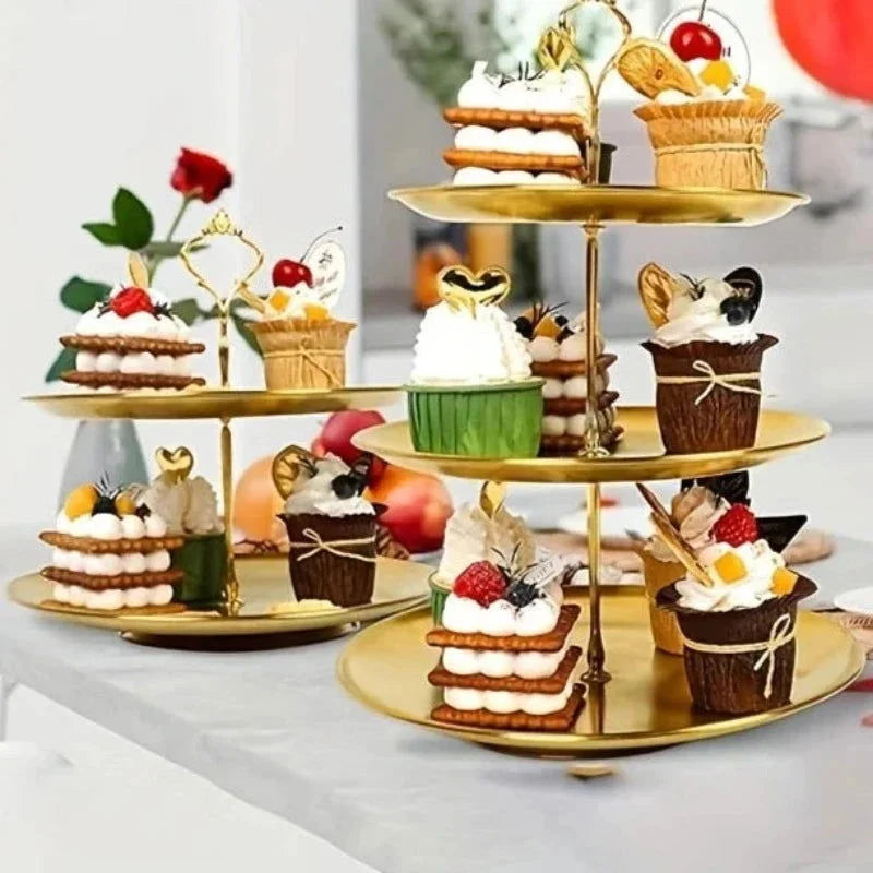 Bandeja de Aço Inoxidável de 3 Andares para Servir e Decorar